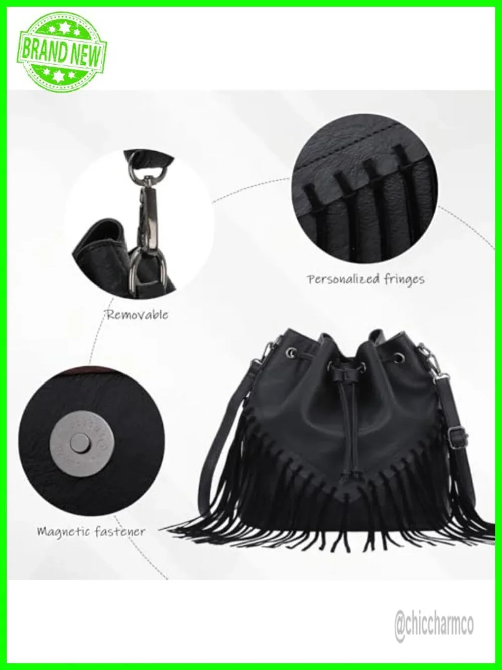 Vegan Faux Suede Leather Fringe Bucket Hobo Bag Crossbody Purse